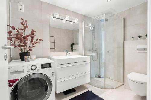 a bathroom with a washing machine and a sink at Top floor with balcony - Super central - 5 pax in Oslo