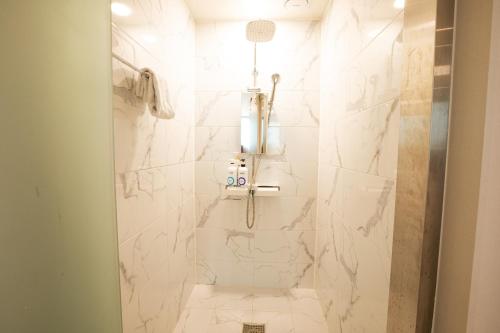 a bathroom with a shower with a toilet at Gangjin K-Stay Tourist Hotel in Kangjin