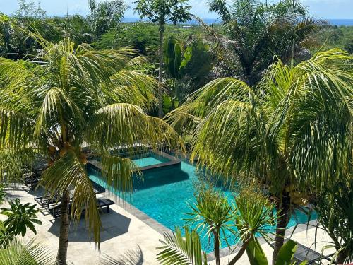 an overhead view of a swimming pool with palm trees at Azona Greens Uluwatu in Uluwatu