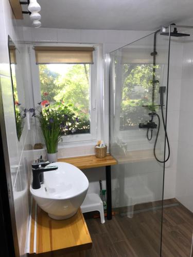 ein Bad mit einem weißen Waschbecken und einem Fenster in der Unterkunft Tornácos Tanya Vendégház*** és Gasztroporta in Kiskunmajsa