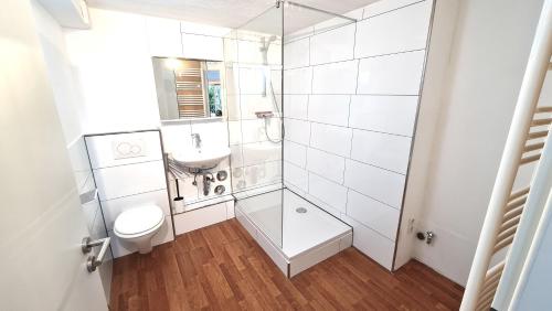 a bathroom with a shower and a toilet and a sink at Zentral, ruhig ggü. Uni (ENC), 5min zum Bahnhof und zur Autobahn in Siegen