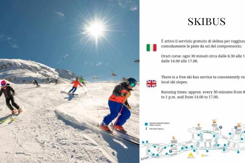 un folleto de personas esquiando por una pista cubierta de nieve en Casa Giuliana con SkiBus Gratis, en Aprica