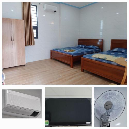 two pictures of a bedroom with two beds and a fan at Nhà nghỉ Trúc Mây in Ben Tre