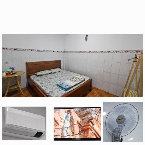 a room with a bed and a fan at Nhà nghỉ Trúc Mây in Ben Tre