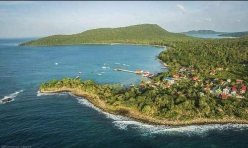 an aerial view of an island in the water at Big Head Bungalows in Koh Rong Sanloem