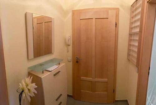 ein Badezimmer mit einem Schrank, einem Spiegel und einer Tür in der Unterkunft Haus Schmidhuber Wohnung 1 in Grossgmain