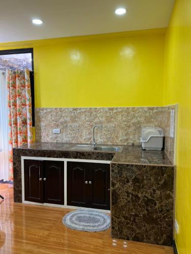 eine Küche mit einem Waschbecken und einer gelben Wand in der Unterkunft Sassy's Place II in Baguio City