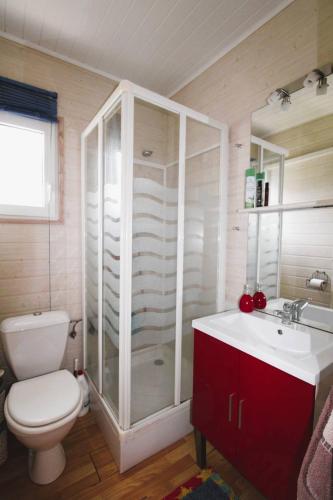 une salle de bain avec une douche, des toilettes et un lavabo dans l'établissement GASMIM29 - Golfe de St-Tropez, chalet climatisé dans domaine arboré, à Gassin