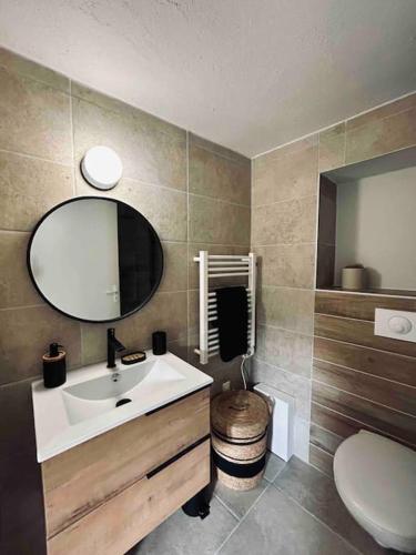 une salle de bain avec un lavabo, des toilettes et un miroir dans l'établissement Charmant petit appartement place de l eglise, à Piana