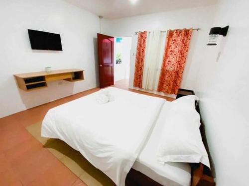 a bedroom with a white bed and a television at Kakisa ll Diving Resort in Bacong