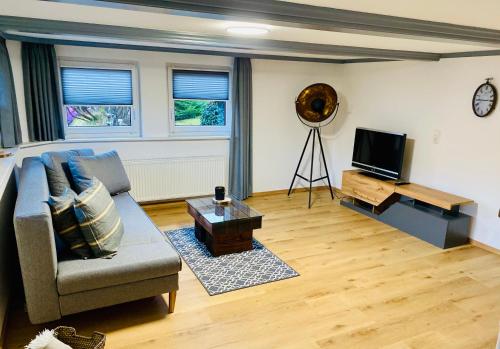 ein Wohnzimmer mit einem Sofa und einem TV in der Unterkunft Haus Winterberg in Schonach