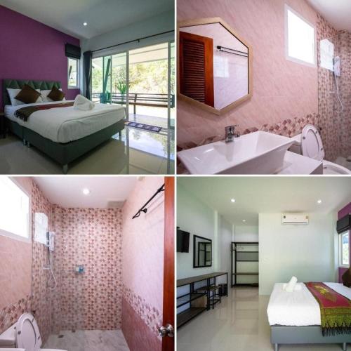 a collage of three pictures of a bedroom and a bathroom at บ้านพักชายคลอง @บางปู สามร้อยยอด in Ban Bang Pu