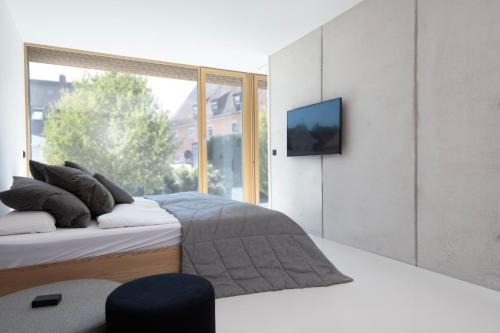 ein Schlafzimmer mit einem Bett und einem TV an der Wand in der Unterkunft B6 - Die luxuriöse Architektenvilla, 2-6 Personen, Nürnberg in Nürnberg
