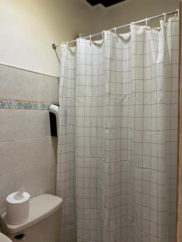 uma casa de banho com uma cortina de chuveiro e um WC em Oceana Bay Coron em Coron