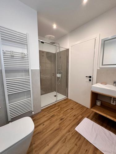 een badkamer met een douche, een toilet en een wastafel bij C’era una volta un Re… in Calalzo