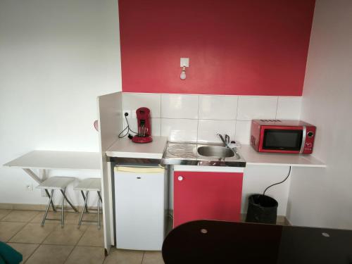 a small kitchen with a sink and a microwave at Hébergements Sylvain in Neuilly-lʼÉvêque