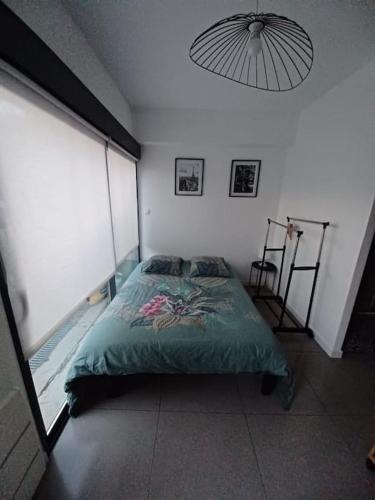 Studio Villejuif في فيلوجويف: غرفة نوم بسرير ومروحة