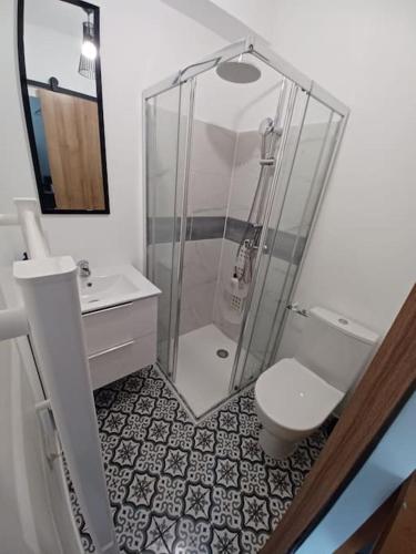 La salle de bains est pourvue d'une douche, de toilettes et d'un lavabo. dans l'établissement Studio Villejuif, à Villejuif