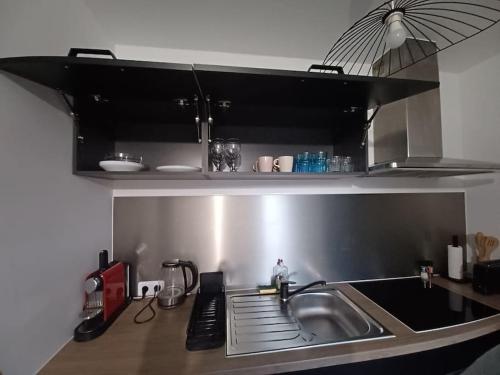 - un comptoir de cuisine avec évier et four micro-ondes dans l'établissement Studio Villejuif, à Villejuif