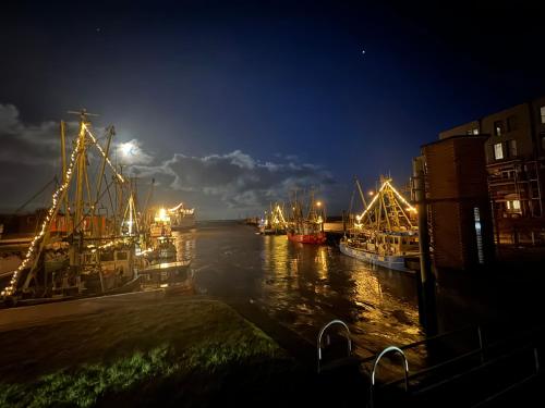 a group of boats docked in a harbor at night at Kleine Ella Pellworm in Pellworm