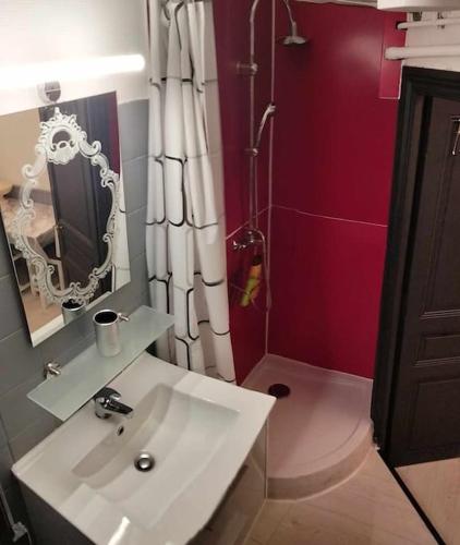 une salle de bain avec un lavabo blanc et une douche dans l'établissement Le Nid Douillet Baroque Linge fourni, à La Bourboule