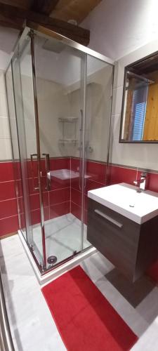 une salle de bain avec une douche en verre et un lavabo dans l'établissement Les balcons de Montvilliers, à Aime La Plagne