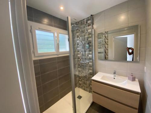 La salle de bains est pourvue d'un lavabo et d'une douche avec une personne prenant une photo. dans l'établissement Maison agréable à La Teste-de-Buch, à La Teste-de-Buch