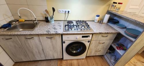 una cucina con lavello e lavatrice di Friends - Your Cosy Apartment in the Center a Tbilisi City
