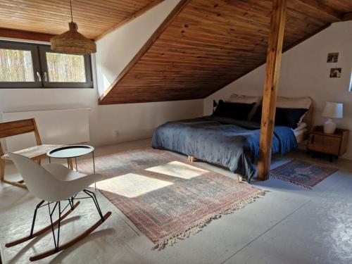 a bedroom with a bed and a table and a chair at Lustro Wody in Osiek