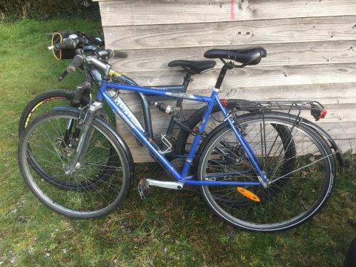 a blue bike parked next to a wooden fence at maisonnette écologique isolée en botte de paille in Ploërmel