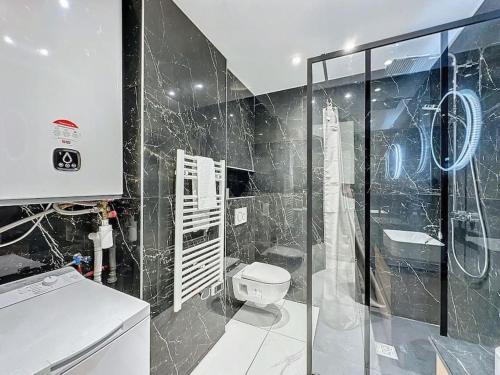une salle de bain avec toilettes et douche en verre dans l'établissement Cosy Appartement, Part Dieu André Philipe, à Lyon