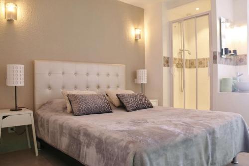 une chambre avec un grand lit avec deux oreillers dessus dans l'établissement Studio 550, Port Soleil au village naturiste, au Cap d'Agde