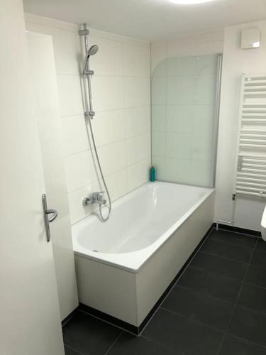 a white bath tub in a bathroom with a shower at Außenalster Penthouse Charakter in Hamburg