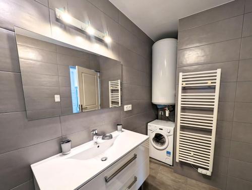 ein Badezimmer mit einem Waschbecken und einer Waschmaschine in der Unterkunft Plage & Marais - Maison 3 chambres 6 personnes - in Guérande