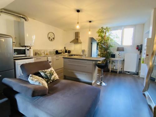 uma sala de estar com um sofá e uma cozinha em Le Pigeonnier em Rodez