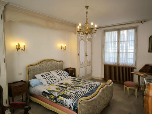 Schlafzimmer mit einem Bett und einem Kronleuchter in der Unterkunft Ambiance château de la Loire in Montrichard