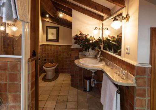 a bathroom with a sink and a toilet at Posada Los Lienzos in Vargas