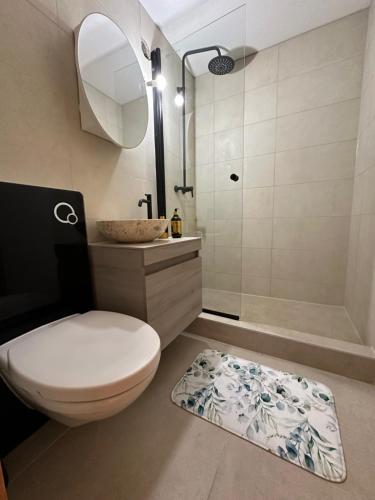 La salle de bains est pourvue de toilettes, d'un lavabo et d'une douche. dans l'établissement Les Dents du Midi A10, à Leysin