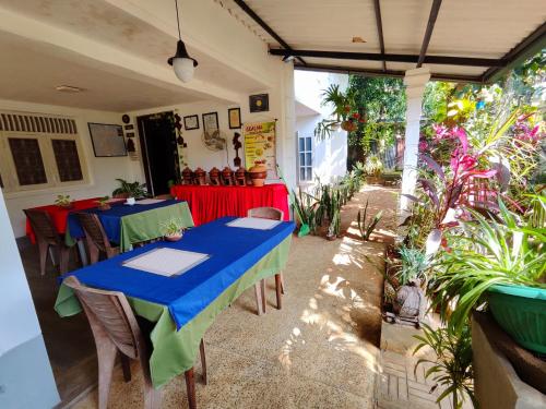 eine Terrasse mit 2 Tischen, Stühlen und Pflanzen in der Unterkunft Goalma Family Holiday Resort & Restaurant in Anuradhapura