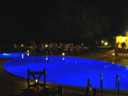 a blue pool at night with people sitting around it at Ashnil Samburu Camp in Archers Post