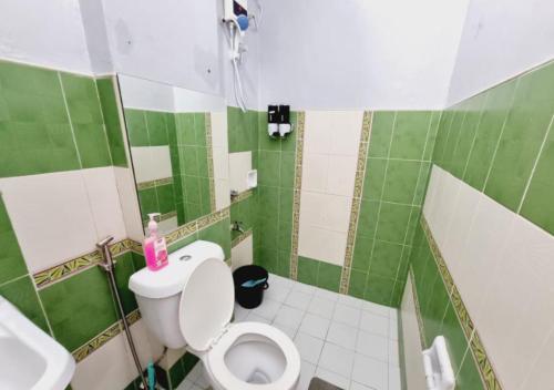 een groene en witte badkamer met een toilet en een wastafel bij Small Apartment Near SM North Project 7 in Manilla