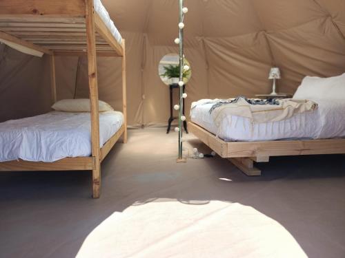 sypialnia z 2 łóżkami piętrowymi w namiocie w obiekcie aGlampar Toto Península Beach w mieście Coquimbo