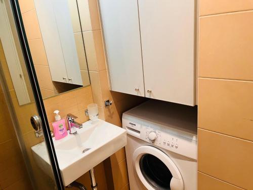 uma pequena casa de banho com um lavatório e uma máquina de lavar roupa em Elvita Apartments em Atenas