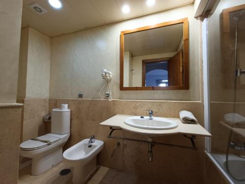 een badkamer met een wastafel, een toilet en een spiegel bij APARTAMENTO EN SEGUNDA PLANTA EN URB. JARDINES DE ISLA CANELA in Ayamonte