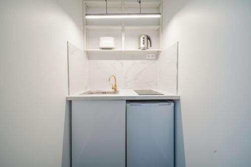 eine Küche mit weißen Schränken und einem Waschbecken in der Unterkunft Appartement Mairie des Lilas - III in Les Lilas