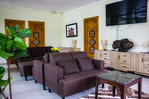 a living room with a couch and a tv at ONYX B&B Bed and Breakfast in Euscara