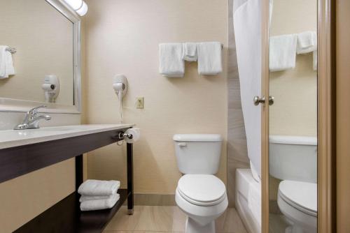 a bathroom with a toilet and a sink at Quality Inn & Conference Centre Downtown Sudbury in Sudbury