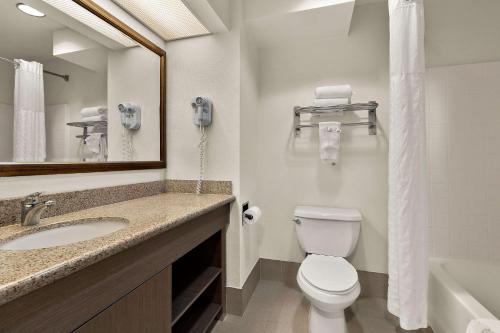 ein Badezimmer mit einem WC, einem Waschbecken und einem Spiegel in der Unterkunft Comfort Inn & Suites Sequoia Kings Canyon in Three Rivers