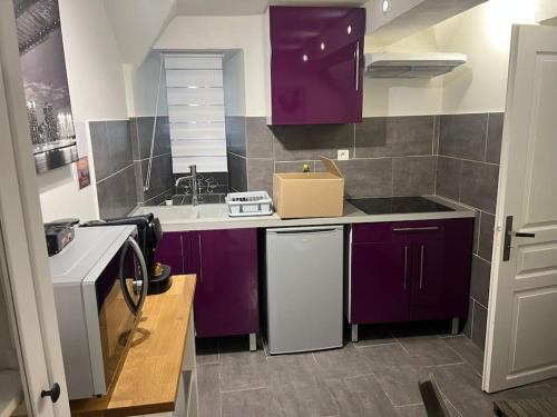 une cuisine avec des armoires violettes et un évier dans l'établissement Le Tonneliers - bel appartement au centre Mulhouse, à Mulhouse
