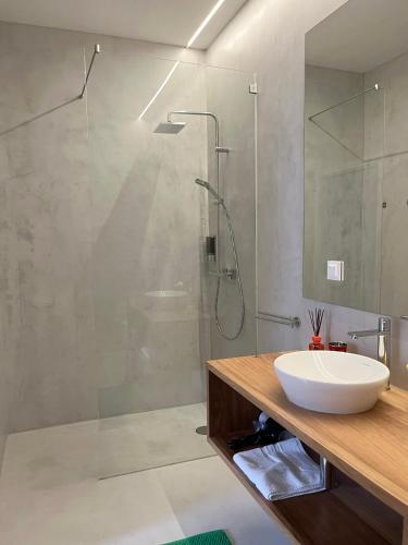 a bathroom with a sink and a shower at Casa Alta in Castelo de Vide